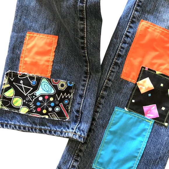 Boy’s Upcycled Patch Jeans, Size 10: Handmade Colorful Science Theme Patchwork - Picture 7 of 11